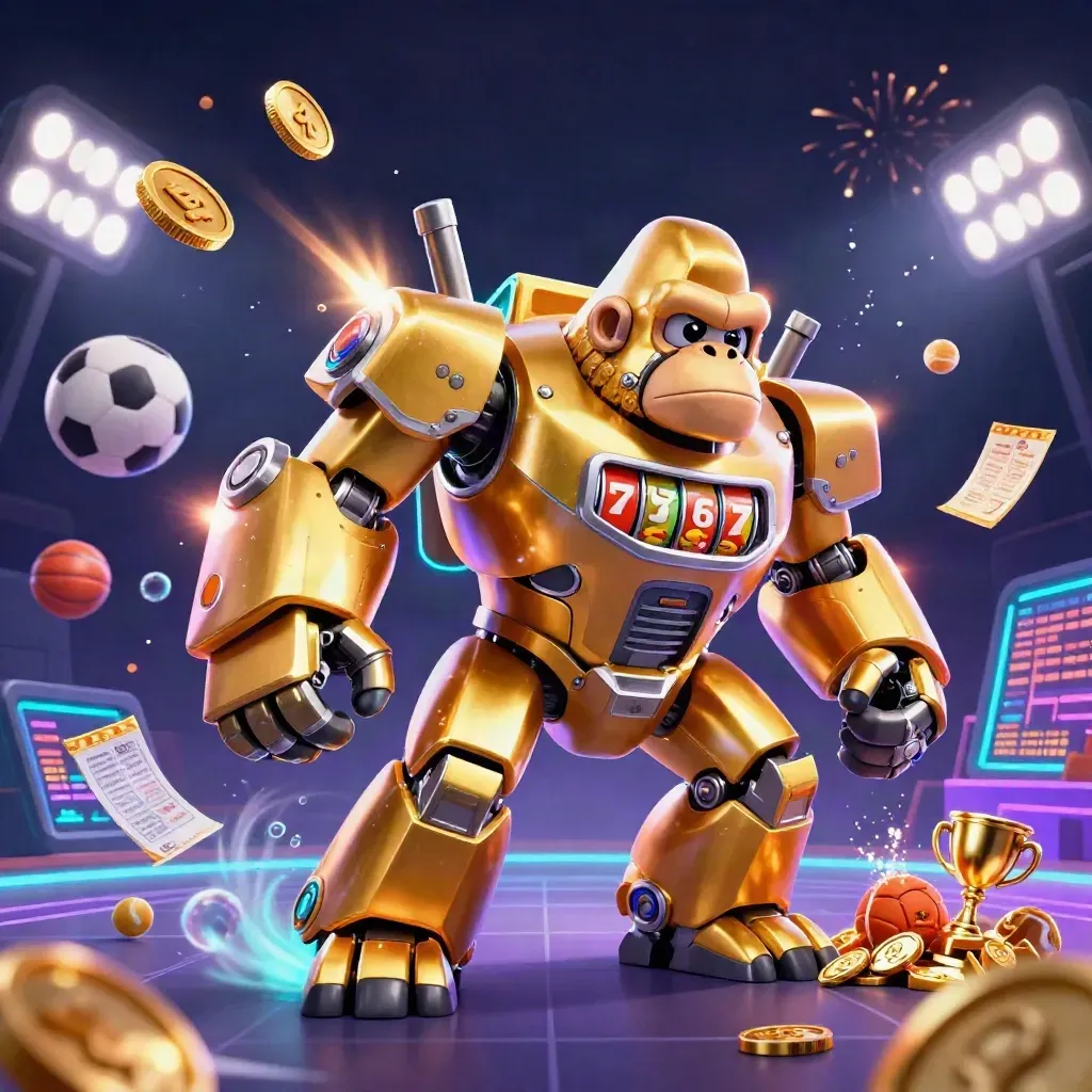 Golden gorilla mech with monkey pilot, coins, sports balls and fireworks in a neon casino blast.