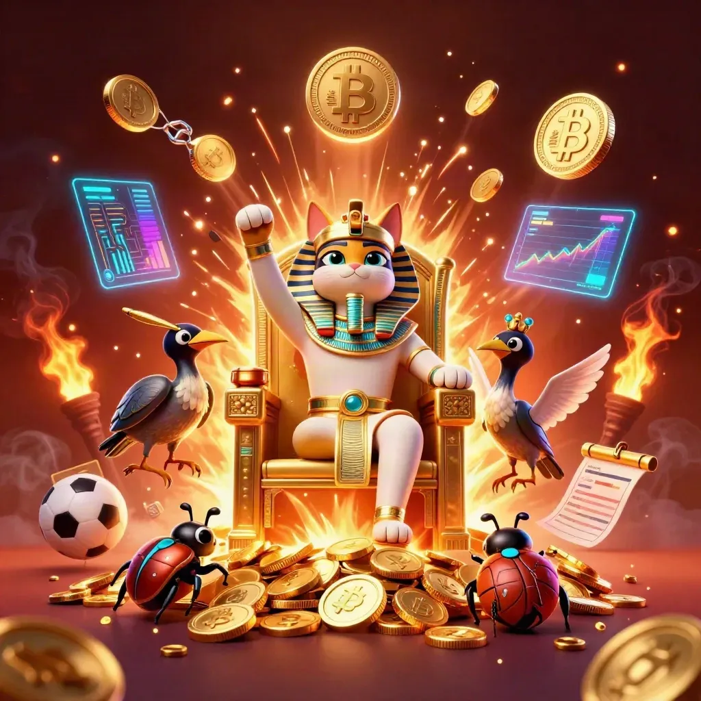 Pharaoh cat, ibis scribe, and gem-wing scarabs amid coins, crypto, fireworks, and betting icons
