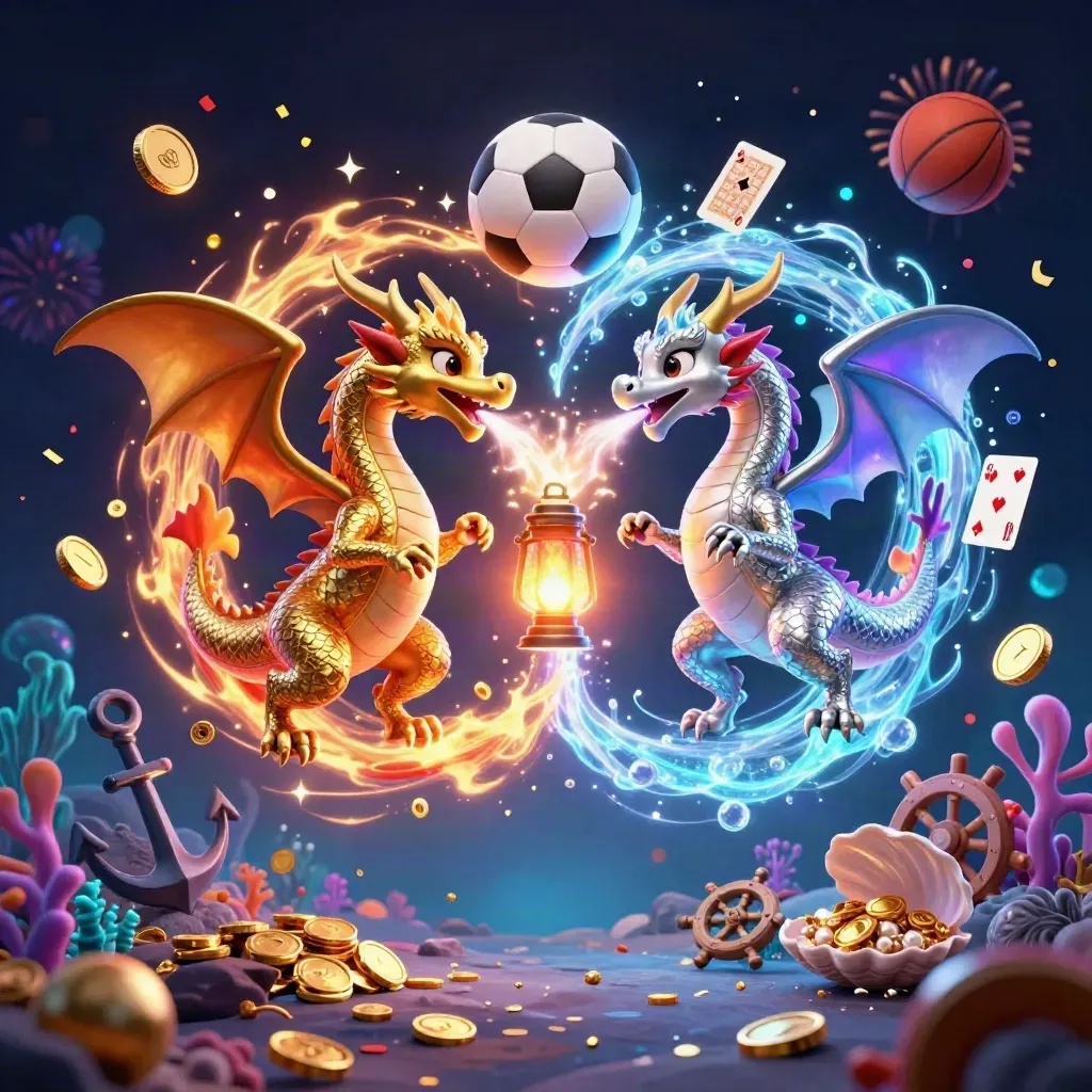Twin gold and silver dragons swirl through treasure, sports icons, and neon casino effects underwater.