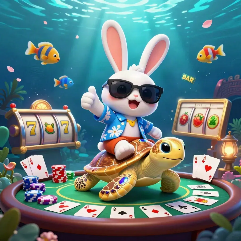 Lucky rabbit on a golden sea turtle amid casino chips and glowing underwater lights.