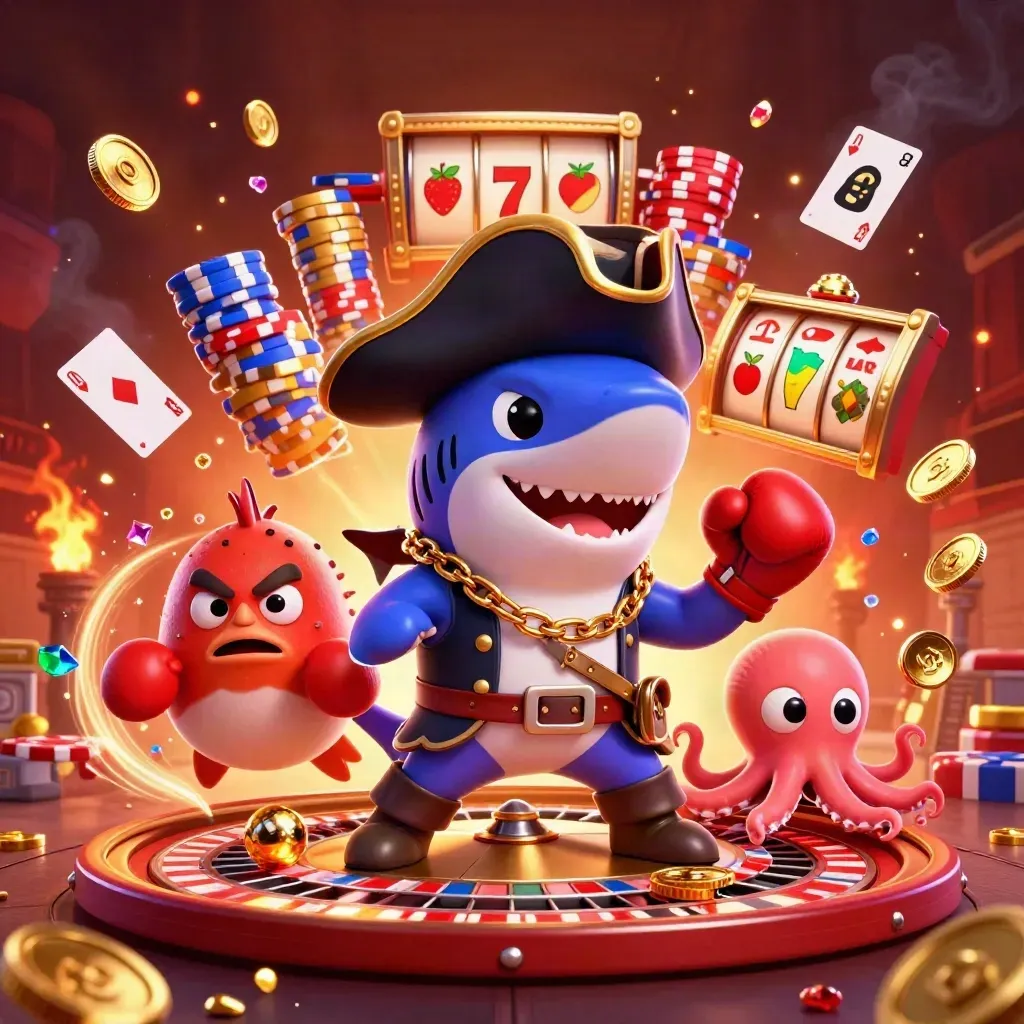 Pirate shark, boxing pufferfish, and octopus amid coins, cards, chips, and reels.