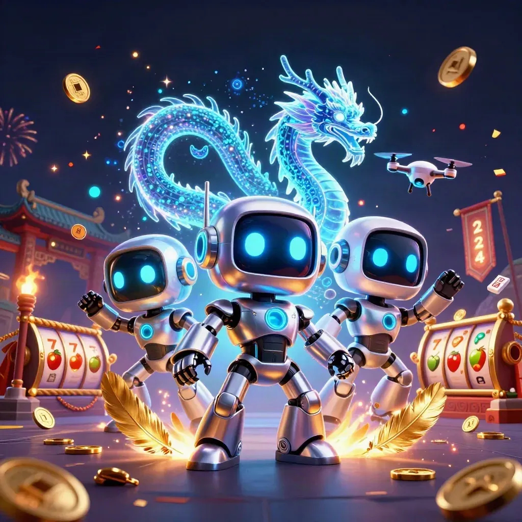Robot mascot, holographic dragon, and drone amid casino effects, coins, fireworks, and a temple gate.