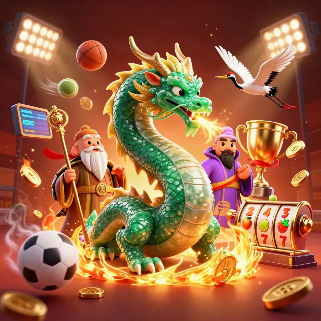 Emerald dragon, turtle sage and cranes amid sports balls, coins, reels and golden fire