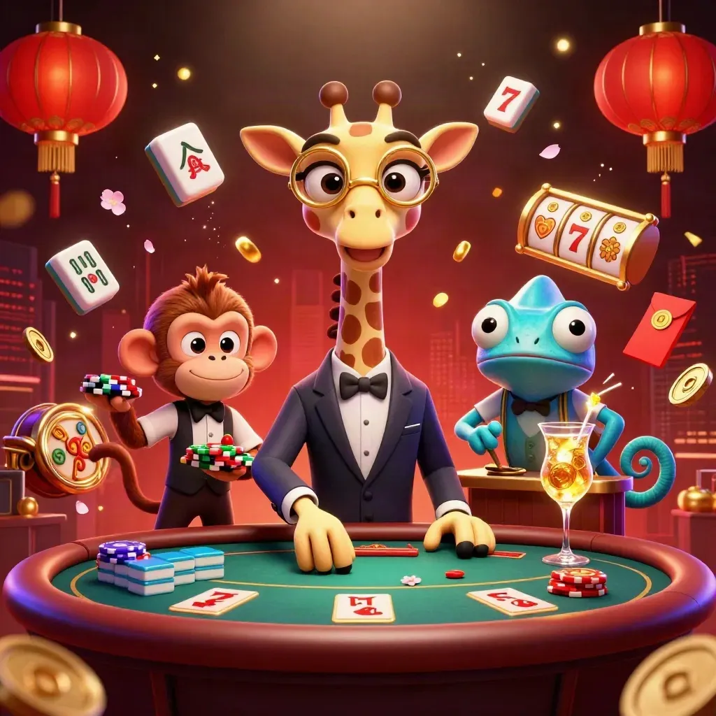 High-roller giraffe, monkey valet and chameleon bartender amid casino icons and neon lights.
