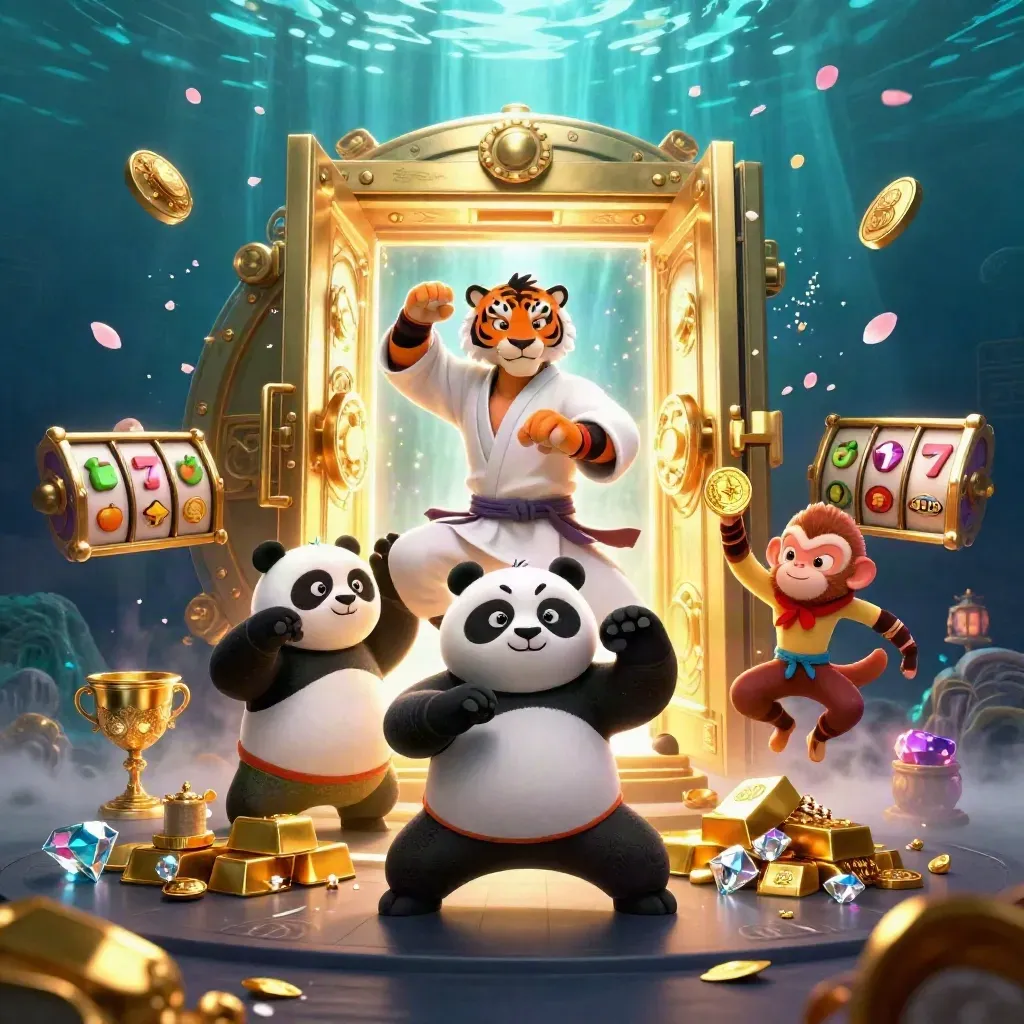 Tiger, panda, and monkey kung-fu heroes amid a glowing gold vault and casino reels.