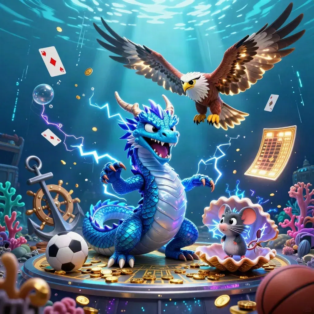 Thunder dragon, hawk, and mouse in a neon underwater treasure cove with coins, coral, and betting props.