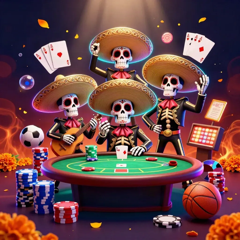Skeleton mariachi trio at a poker table with chips, cards, and neon casino glow