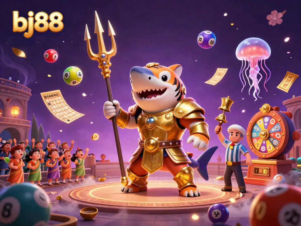 Experience thrilling gaming action at bj88 with an epic scene featuring a golden shark gladiator in an underwater colosseum.