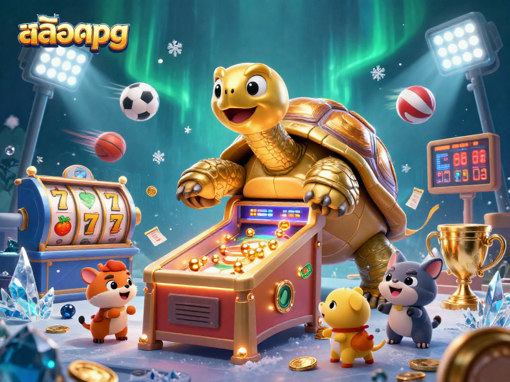 Engage in thrilling สล็อตpg action with lively slot reels and a colossal tortoise in a casino scene.