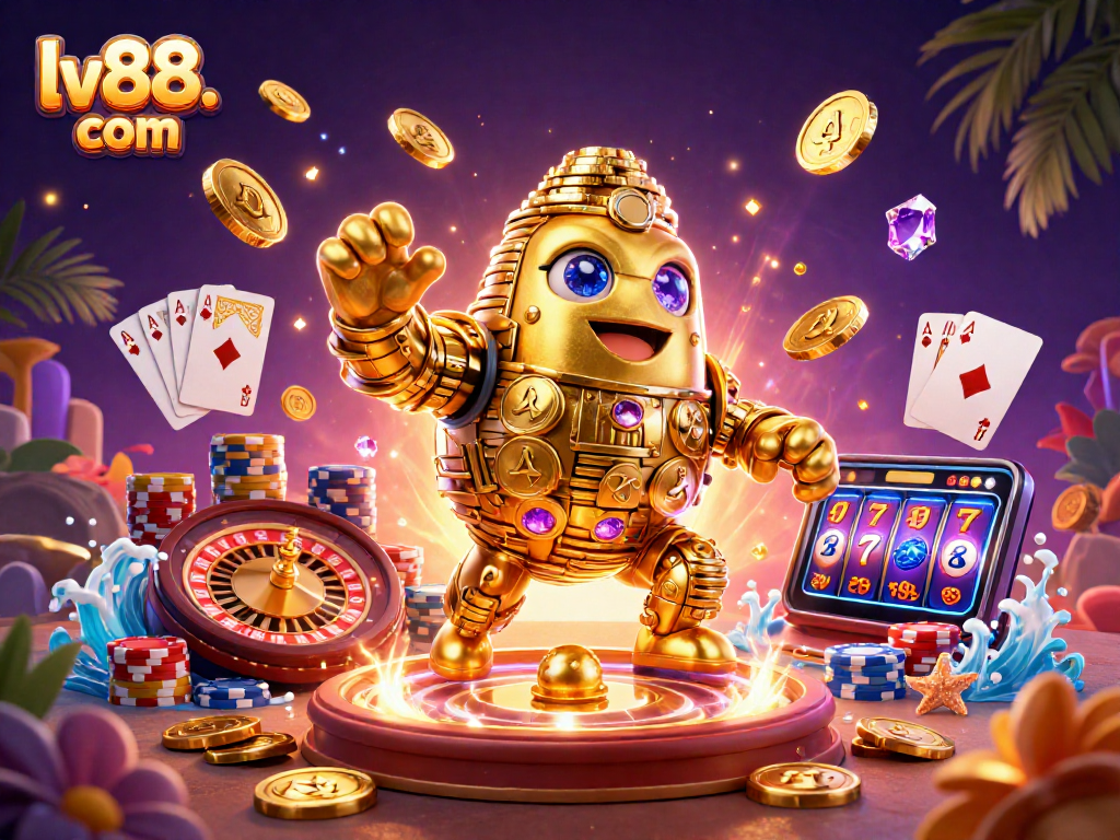 Spin the reels with lv88. com's vivid casino adventure, featuring golden golems and flying coins.