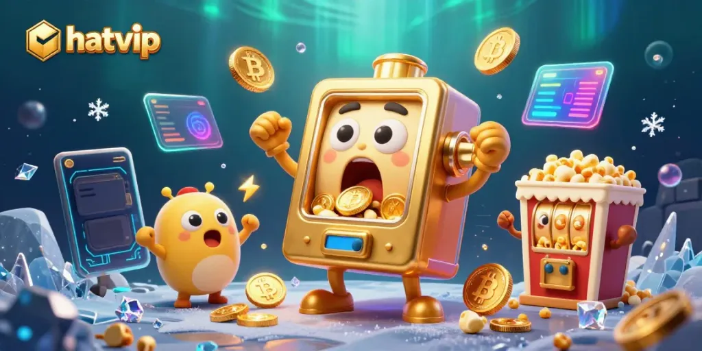 Nhatvip hits the jackpot with a golden slot machine, coins pouring in a vibrant casino setting.