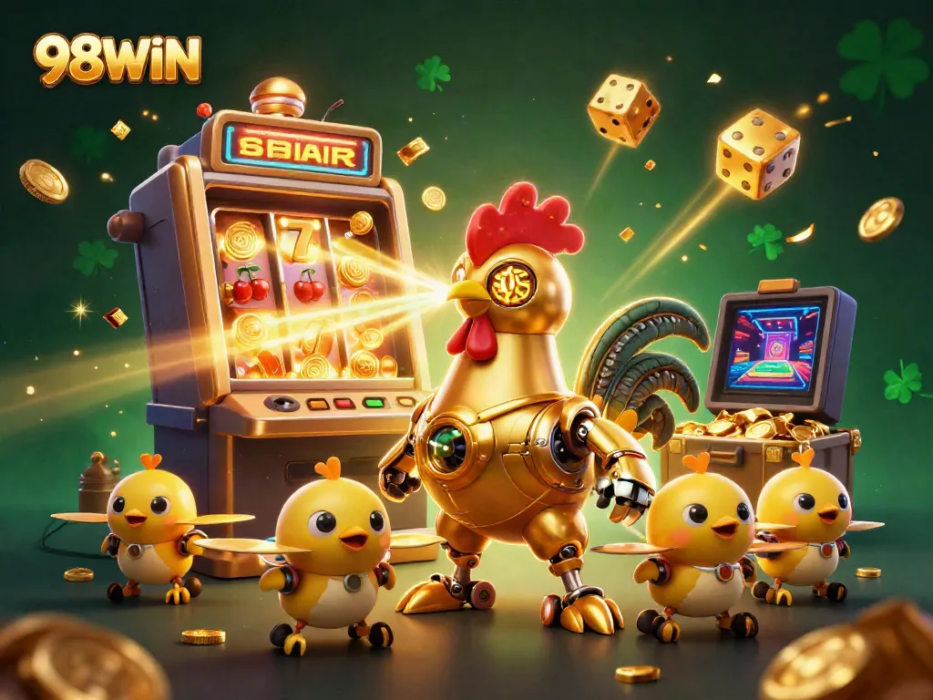 Engage with thrilling 98WIN casino action featuring a golden rooster robot, dynamic slot machines, and colorful gaming elements.