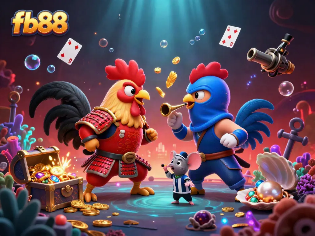 Experience thrilling action with fb88's dynamic cartoon rooster battle amidst vibrant underwater treasure.
