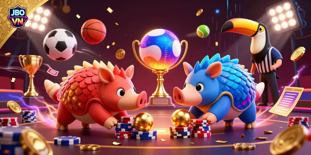 Experience high-energy sports betting action with JBO VN's vibrant 3D illustration of rival pangolins and dynamic game elements.
