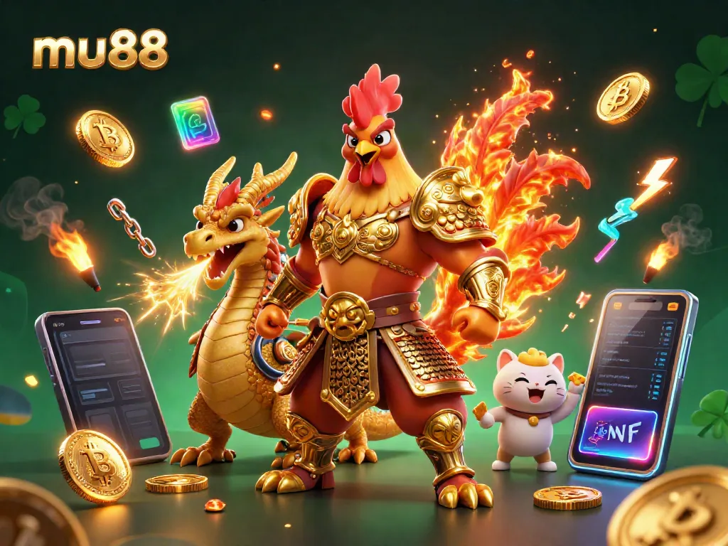 Discover thrilling gameplay at mu88 with a 3D fighting rooster and dragon warriors in an engaging casino scene.