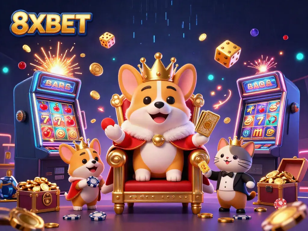 Corgi royalty celebrating at 8XBET with jackpots, slots, and vibrant casino elements.