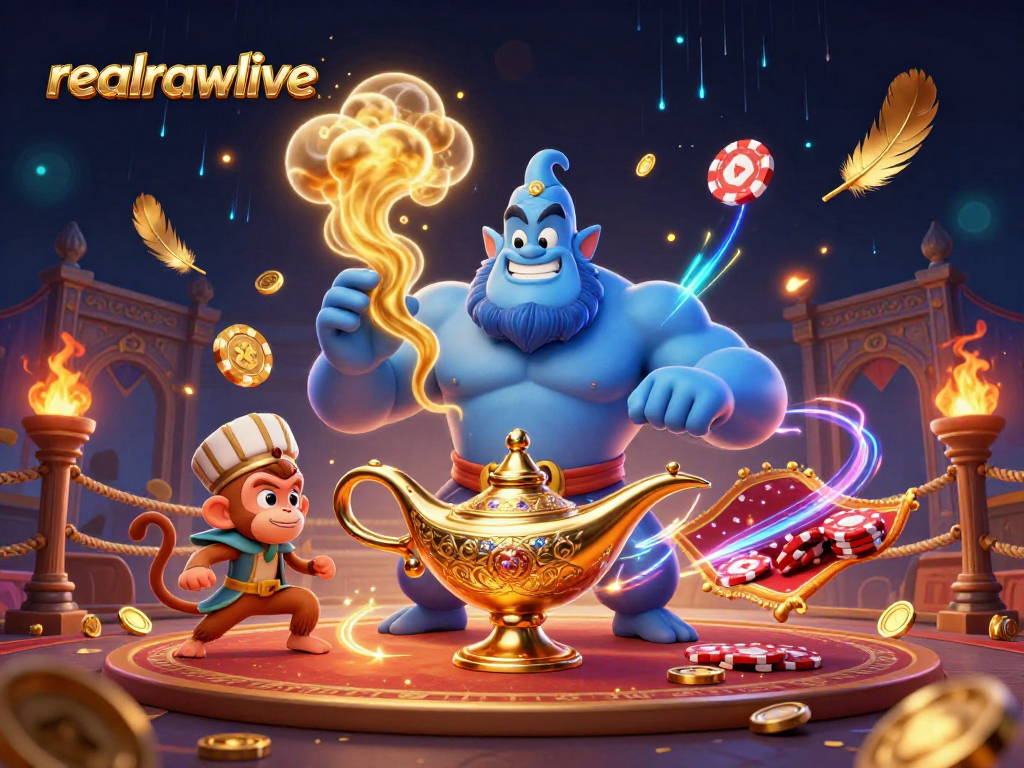Join the action with realrawlive's vibrant casino-themed illustration featuring a genie, monkey, and poker chips.