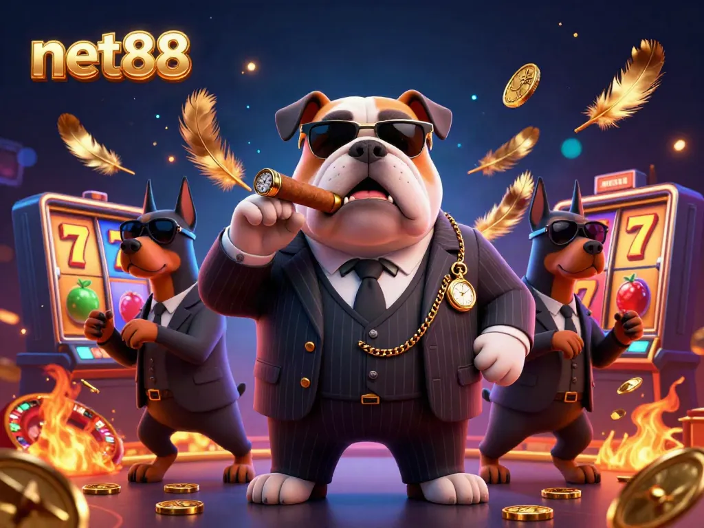 Experience the excitement at net88 with a vibrant casino scene featuring a mafia boss bulldog and bodyguard Doberman pinschers.