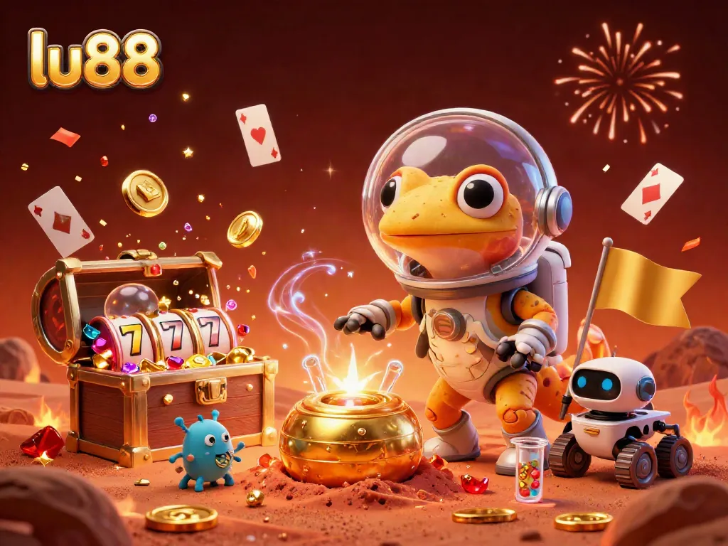 Experience exciting slots and casino adventures with lu88's vibrant Martian gecko and golden treasures.