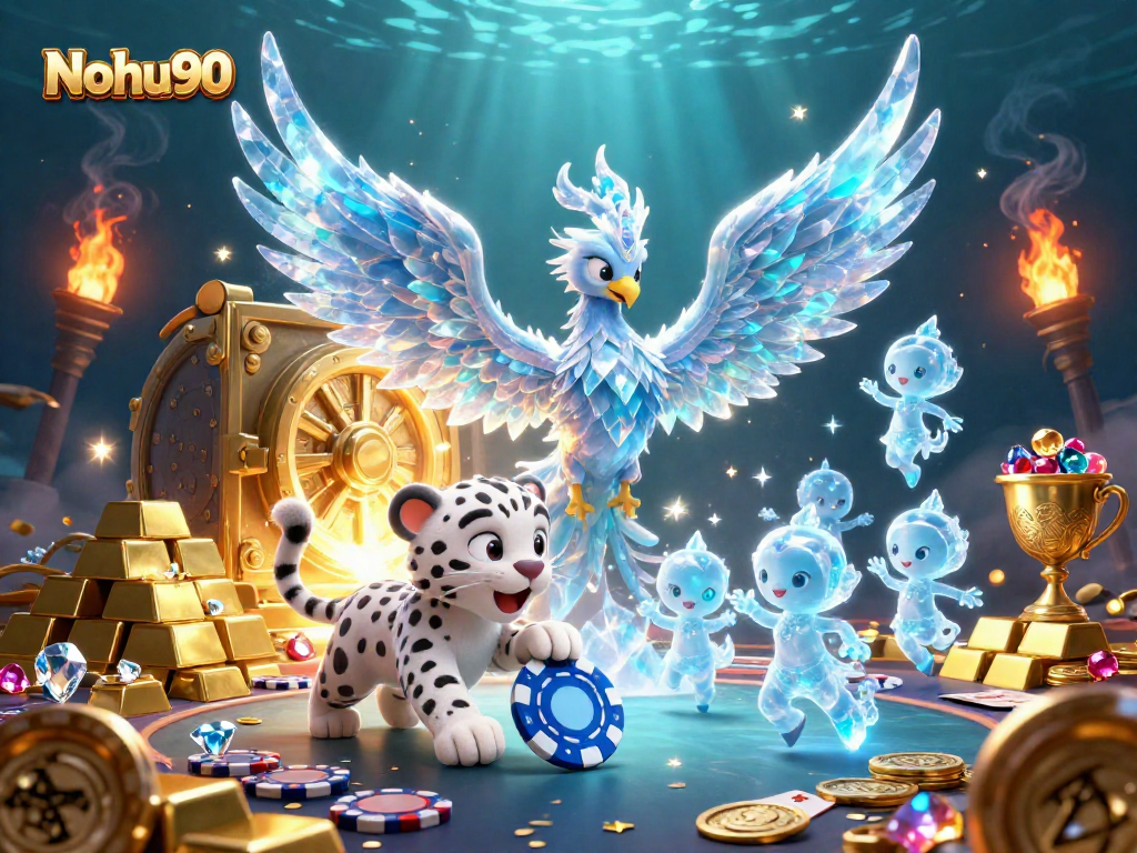 Nohu90 showcases a vibrant 3D illustration of a phoenix, leopard cub, and ice sprites engaging in a poker game, surrounded by treasure.