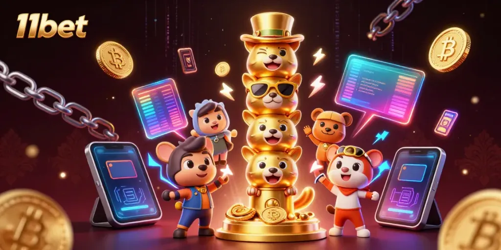 Engage with the vibrant 11bet casino universe featuring a golden totem and cryptocurrency elements.