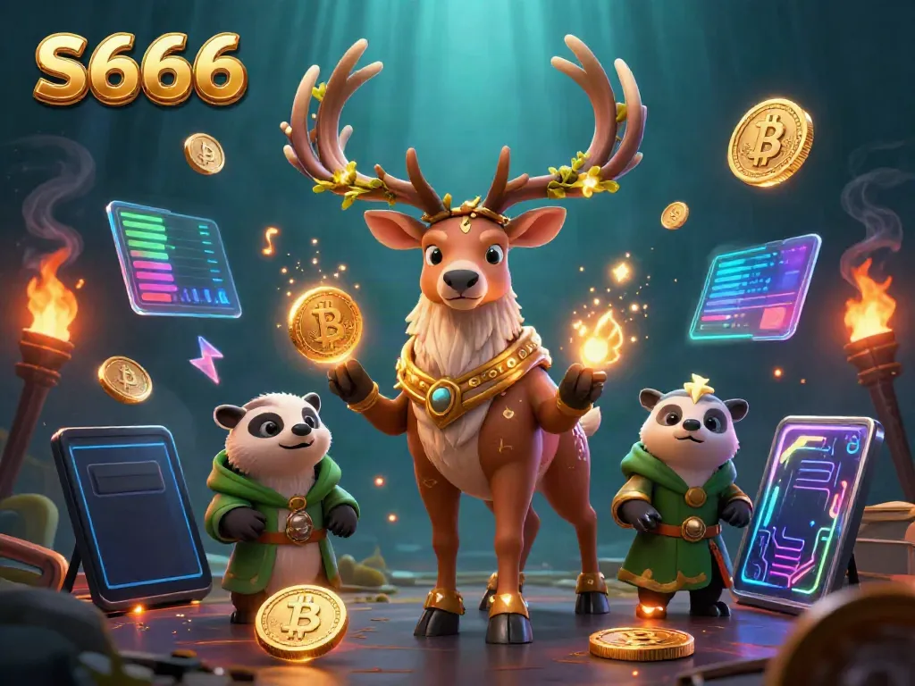Experience S666 with a magical Celtic stag and wise badger amidst glowing cryptocurrency elements.