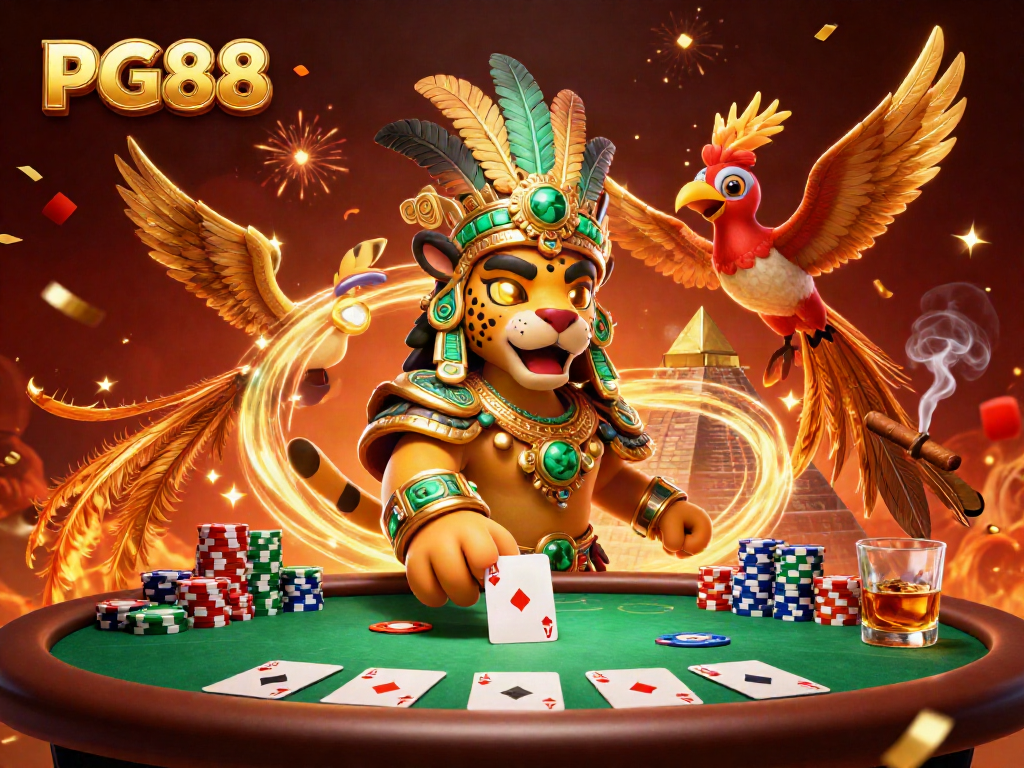 Engage in thrilling poker action with PG88's vibrant 3D illustration featuring a Mayan priest and casino elements.