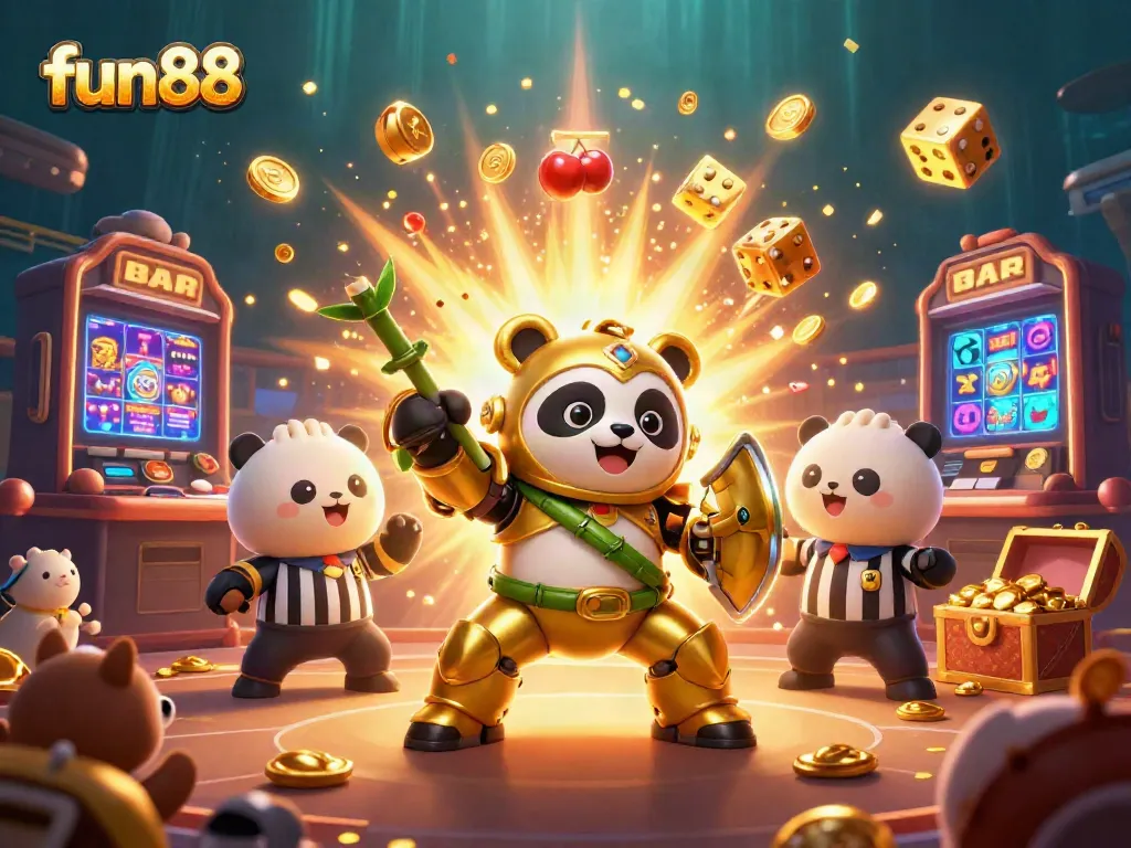 Win big with fun88 in an exciting 3D casino arena featuring a golden panda and dazzling slot machine bursts.