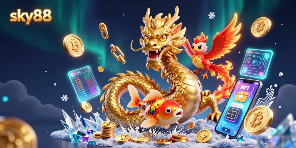 Engage in thrilling gameplay at sky88 with a detailed scene featuring a golden dragon, phoenix, and koi fish.