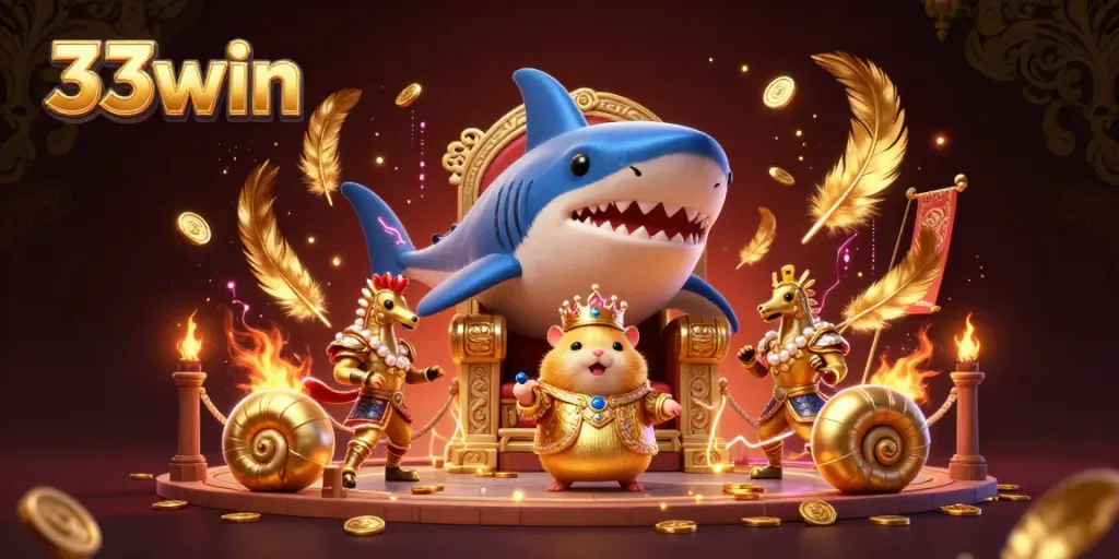 Engage with 33win through an illustrated scene of a hamster king in a casino-themed arena.