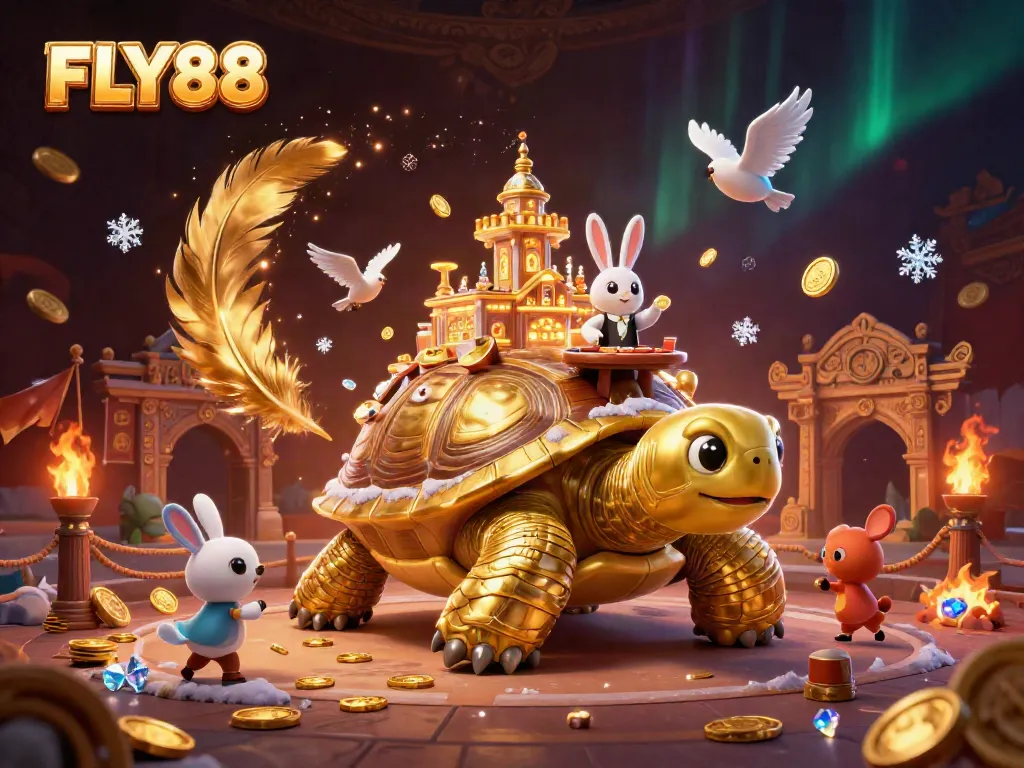FLY88 showcases a magical casino scene with a golden tortoise and a rabbit dealer, capturing excitement and adventure.