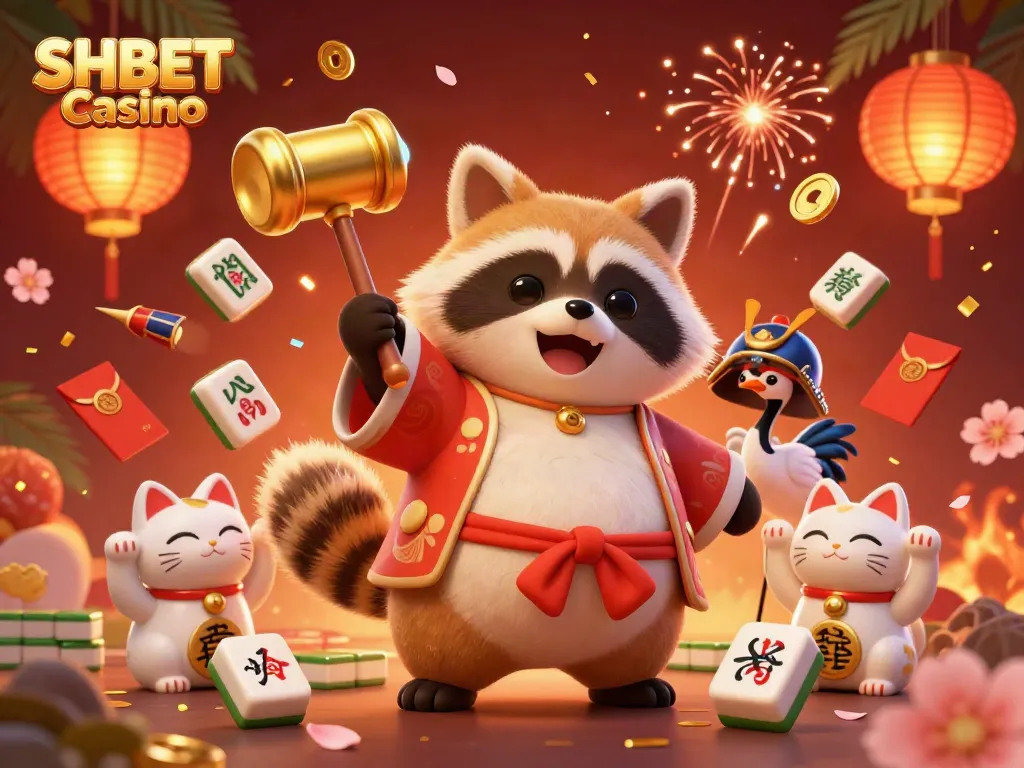 Engage with thrilling SHBET Casino action featuring a joyful tanuki and colorful fortune cats in a vibrant 3D scene.