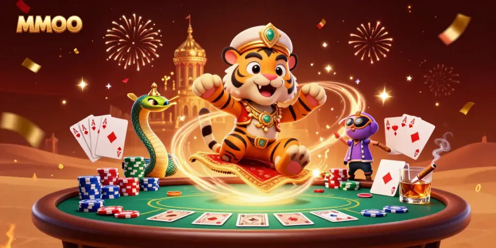 Engage in thrilling gaming experiences at MMOO, featuring an immersive Arabian Nights casino scene.