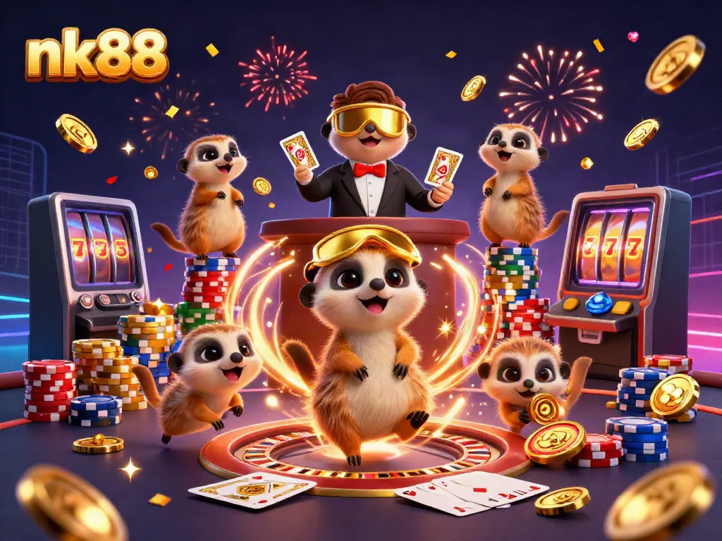 Experience the excitement of nk88 casino with meerkats managing a lively gaming operation amidst falling coins and vibrant casino elements.