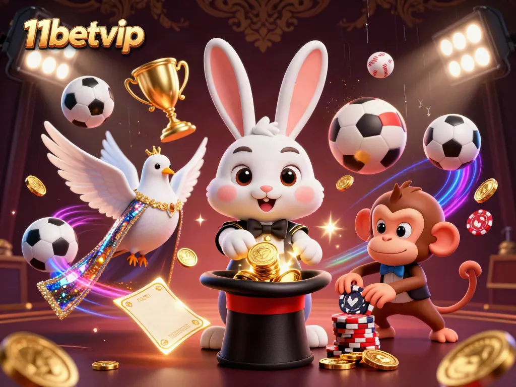 Experience the excitement of 11betvip with a 3D magician rabbit pulling coins in a vibrant casino scene.