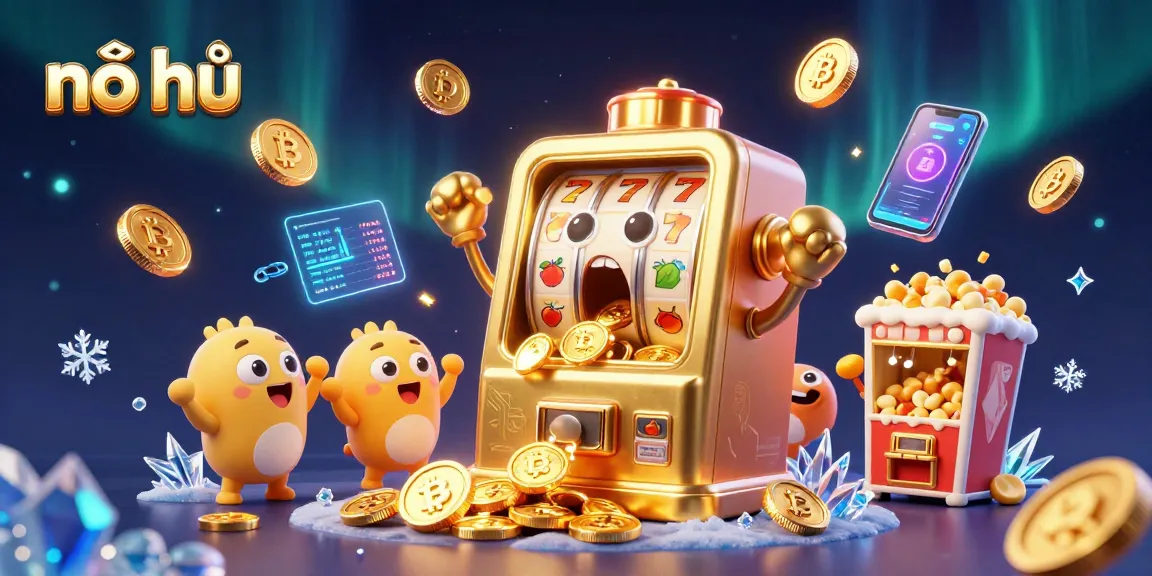 Experience nổ hũ with a golden slot machine hitting a jackpot and coins pouring out!