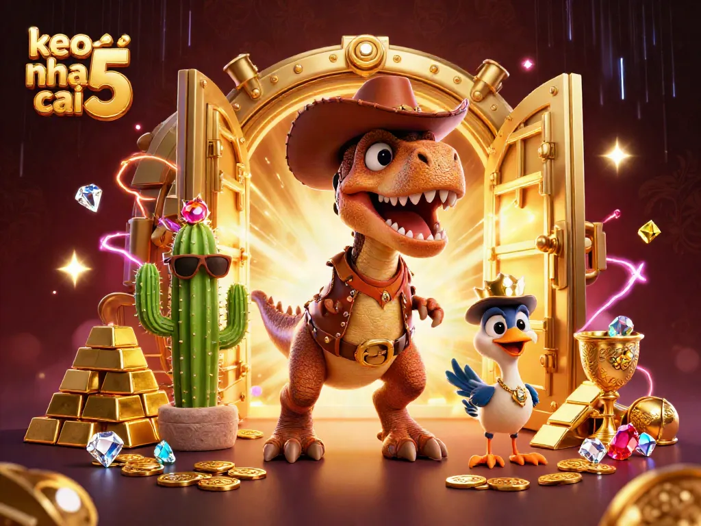 Join the adventure with keo nha cai 5 as a T-Rex cowboy and friends explore a treasure-filled casino.