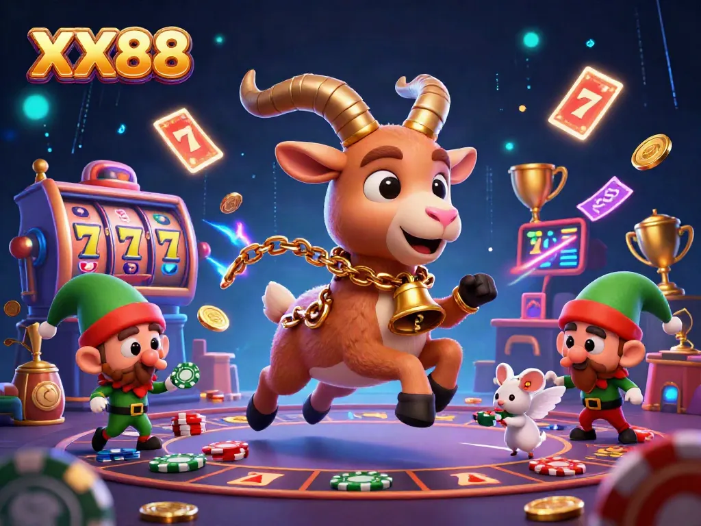 Experience the thrilling environment at XX88 with a dynamic casino scene featuring festive characters and gaming visuals.