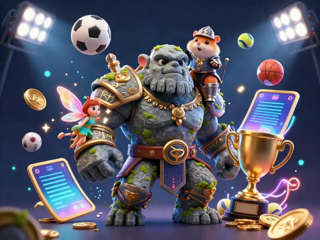 Experience the thrill of xin88 as a mystical golem and companions engage in an exciting sports betting adventure.