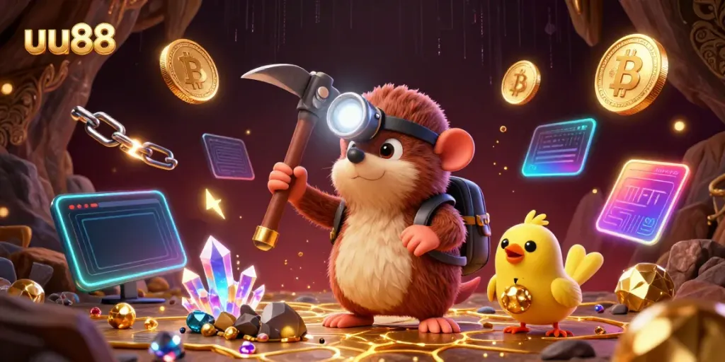 Experience exciting gameplay at uu88 with engaging casino elements and charming characters in this vibrant illustration.
