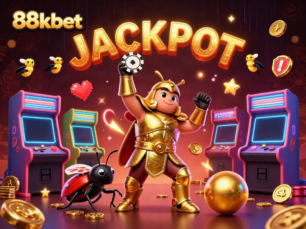 88kbet showcases 3D characters celebrating a jackpot win amidst vibrant casino elements.