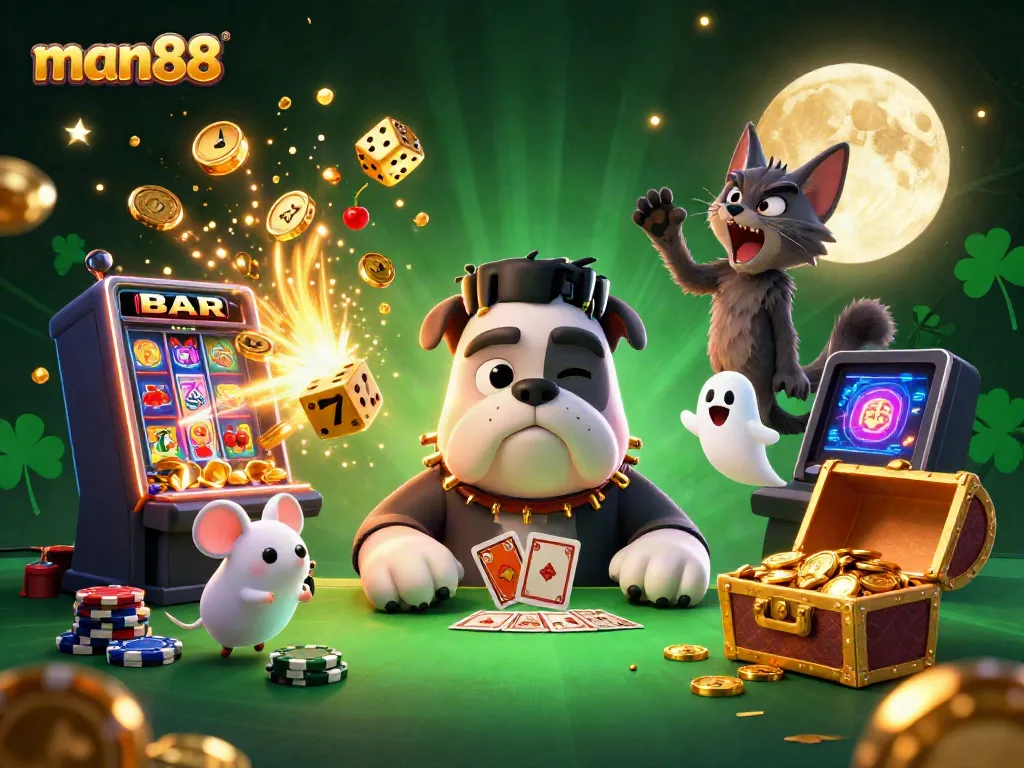 Experience thrilling gameplay with man88's vibrant casino scene featuring fun characters and dynamic casino elements.