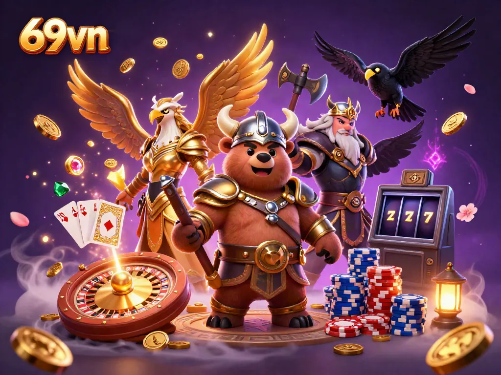 Experience the excitement of 69vn with a vibrant 3D illustration showcasing casino elements and characters.