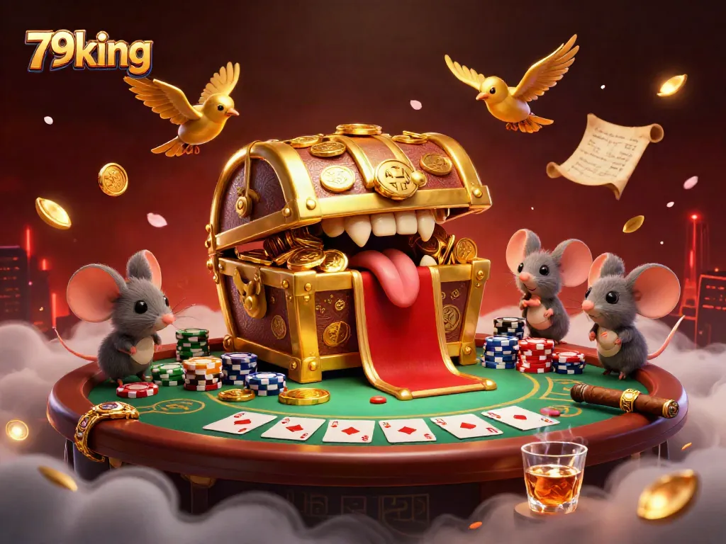 Engage with thrilling gameplay at 79king, featuring a cartoon treasure chest and poker elements.