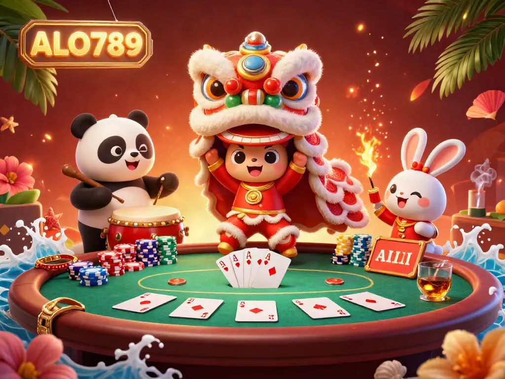 Experience immersive action with ALO789's dynamic gambling scene featuring vibrant characters and poker elements.