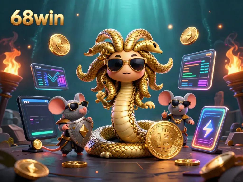 Experience winning at 68win with Medusa and a warrior mouse among crypto and casino gaming elements.