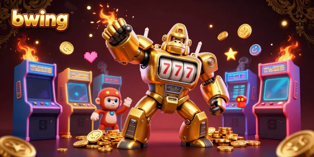 Spin and win at bwing with a dynamic golden gorilla mech and playful gaming elements.