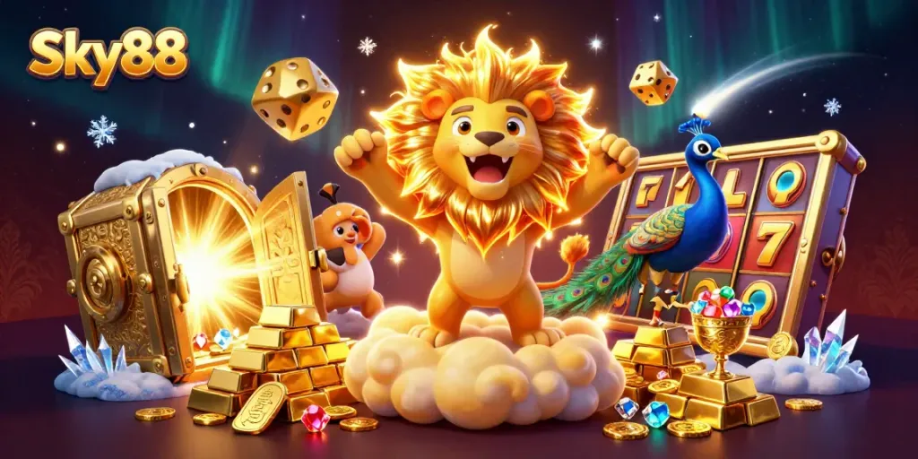 Sky88 brings high-energy casino excitement with a lion, golden dice, and slot elements, creating a dazzling scene.