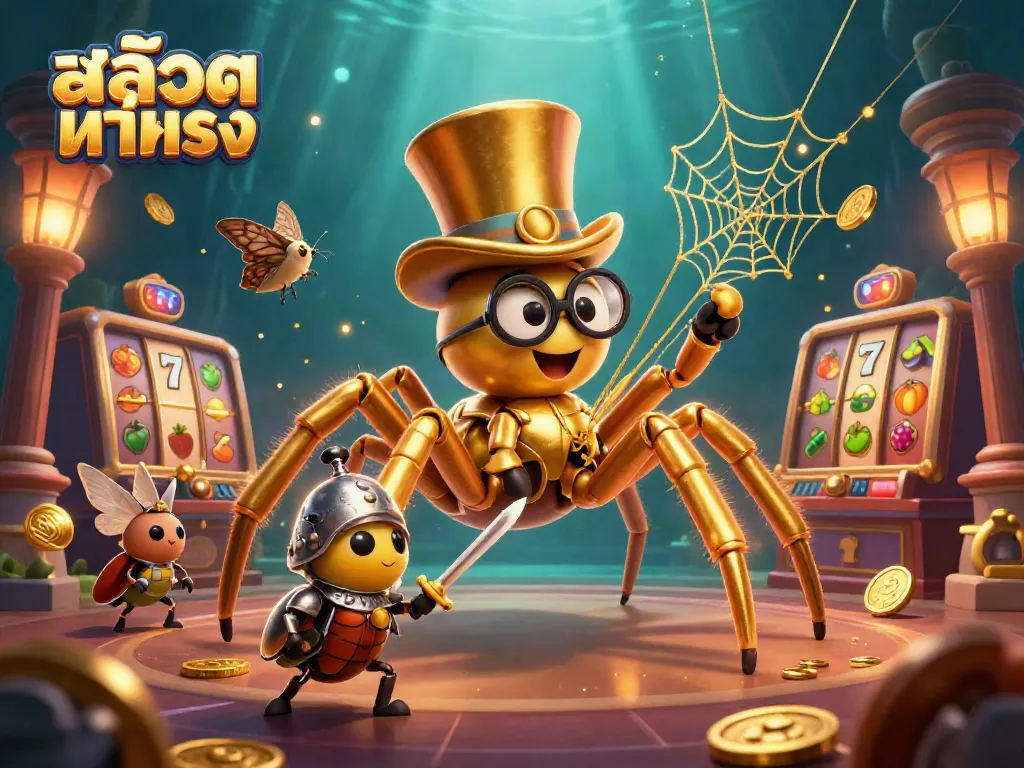 Experience the excitement of สล็อตแท้ตรง with a whimsical 3D illustration showcasing slot reels and engaging characters.