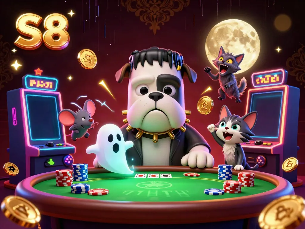 Experience thrilling S8 casino action with a cartoon bulldog dealer and spooky elements at a glowing poker table.